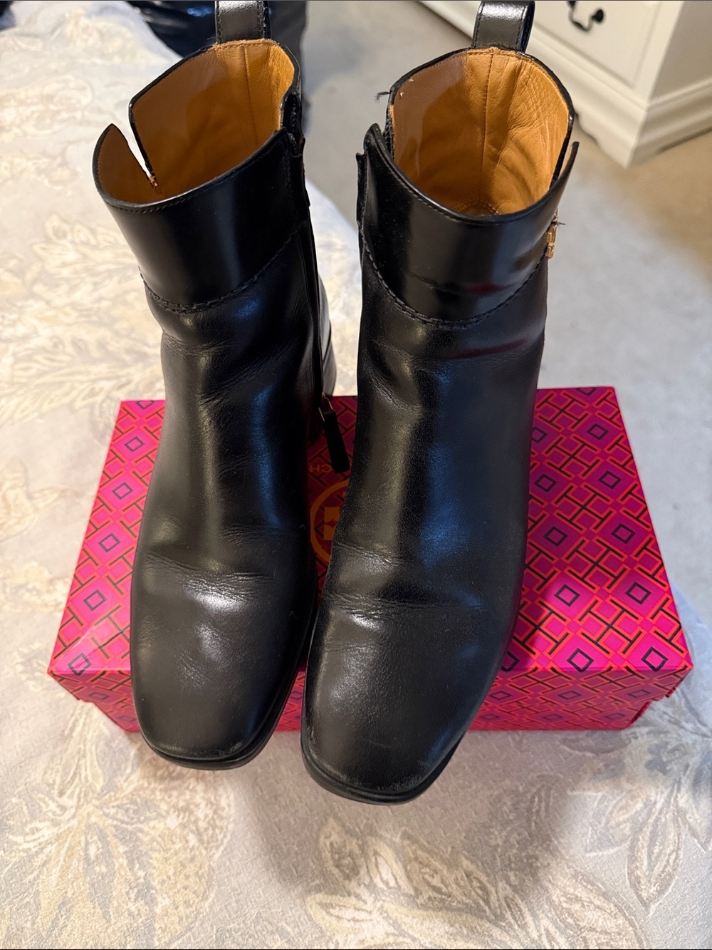 Tory Burch Black Leather Square-Toe Ankle Boots